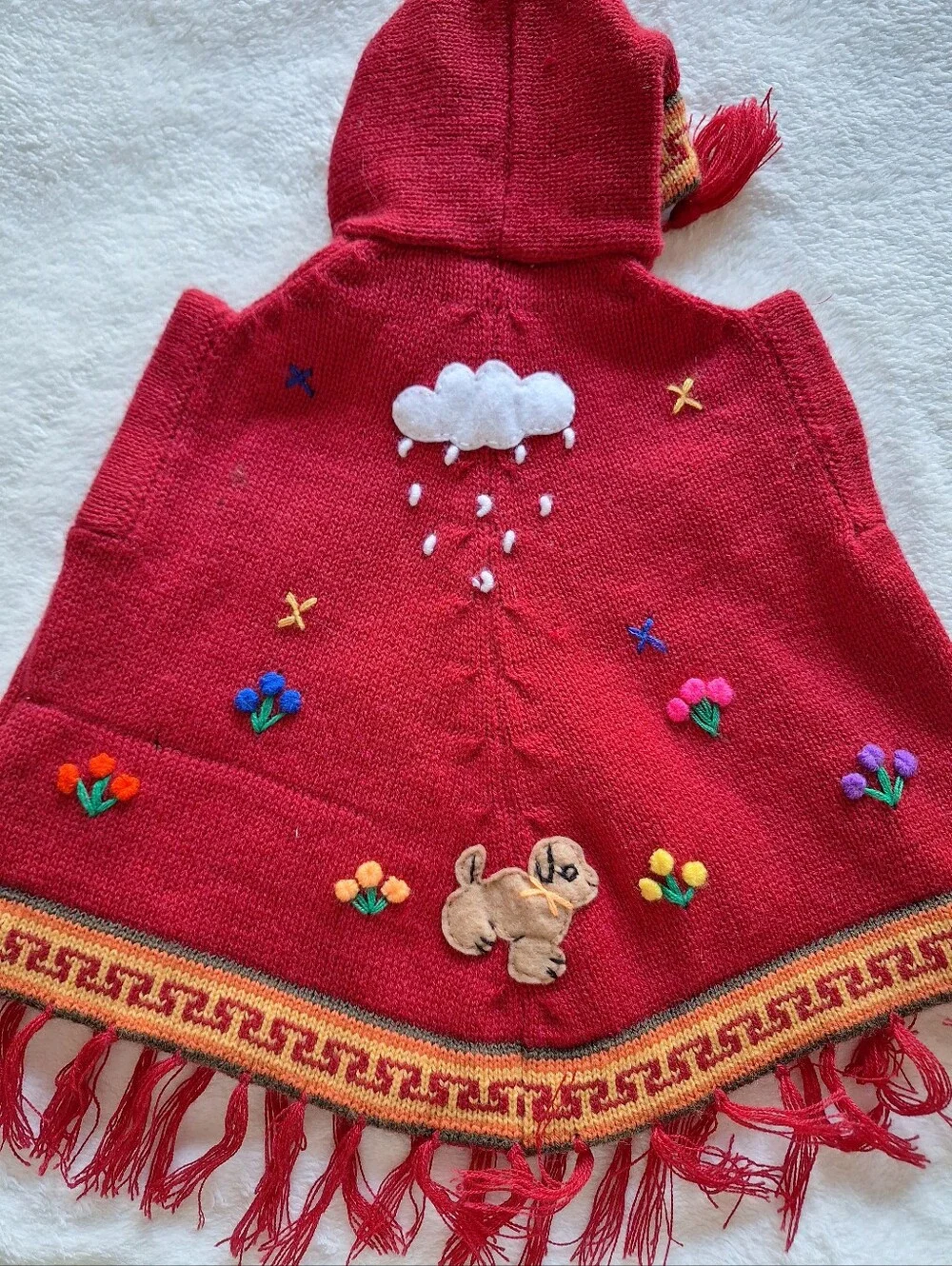 Handmade Peru Kids Hooded Poncho Sweater Red Llama Front Back 3D Infant 0 6-12M